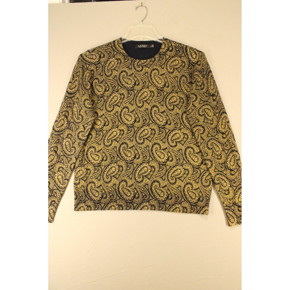 Lauren Ralph Lauren Sweater LG Gold Black Paisley Cotton Modal Preppy Minimalist